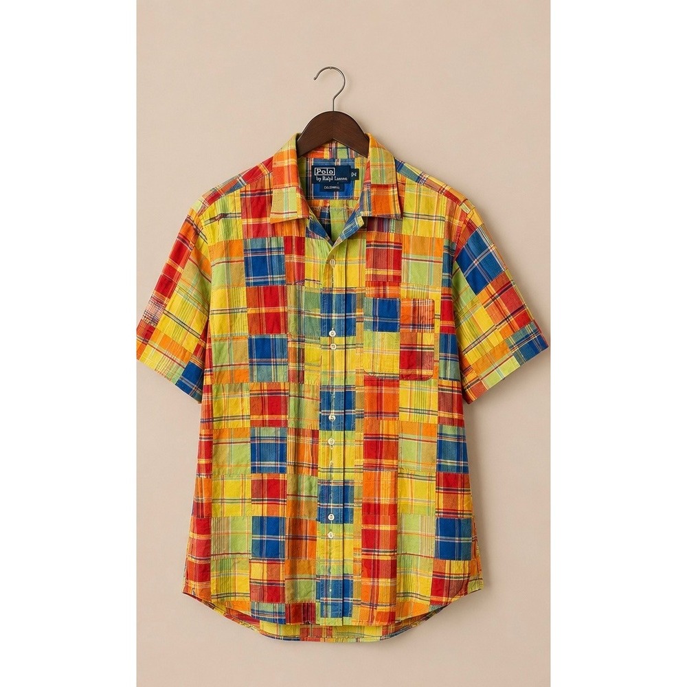 Polo Ralph Lauren Mens Shirt M Madras Caldwell Patchwork Plaid Short Sleeve